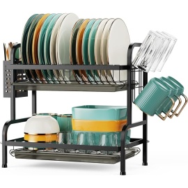 Swedecor Dish Drying Rack – 2 Tier Dish Rack with Cup Holder and Utensil Holder